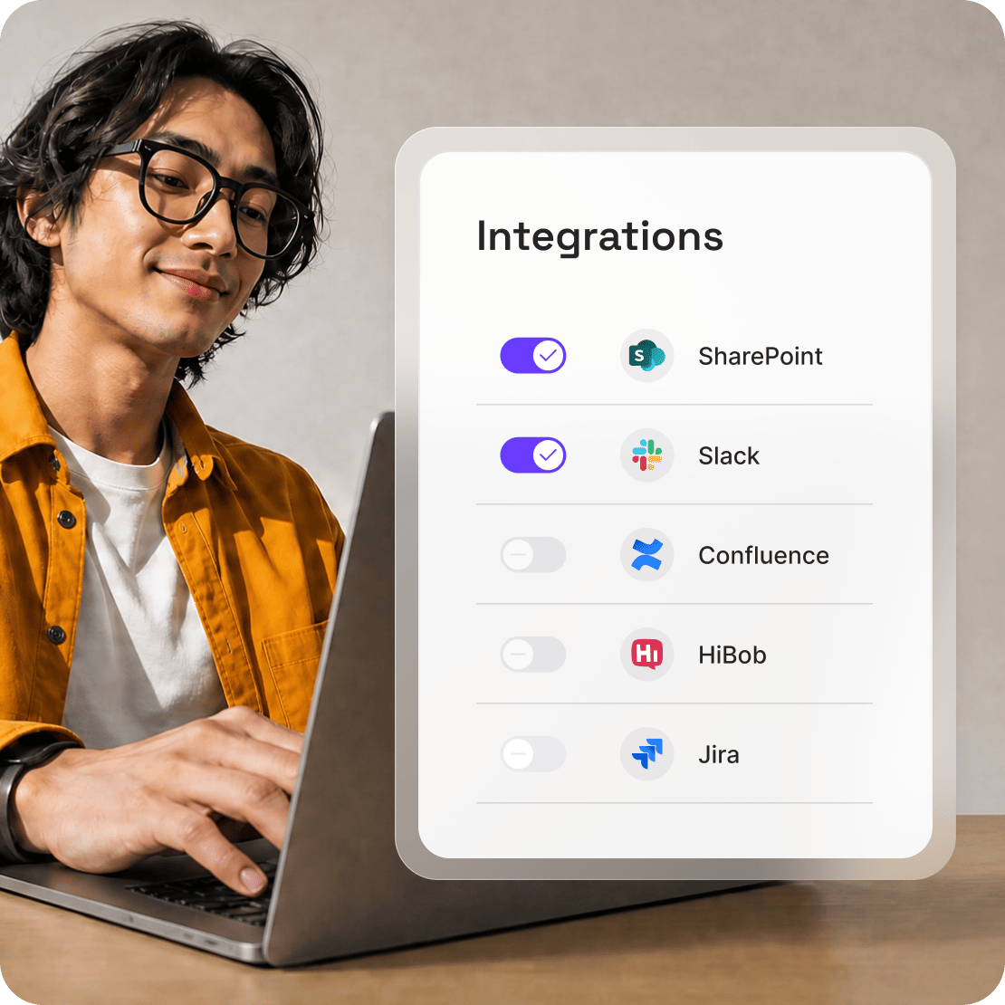 Integrations with work tools like SharePoint, Slack, and Confluence, inside AI Agents.