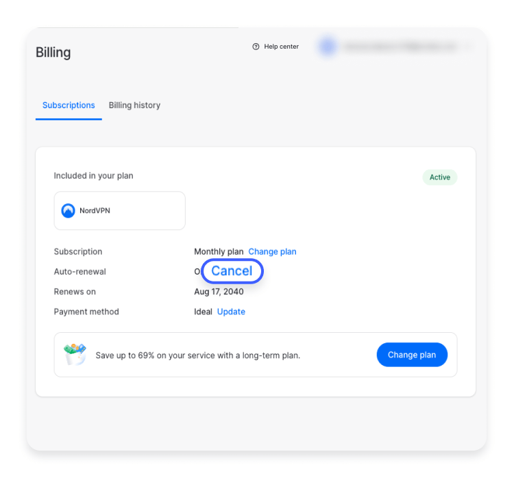 Nord Account Billing page on the Subscriptions tab: NordVPN included in the plan and marked Active, a monthly plan with a Change plan link, and the Cancel link next to Auto-renewal circled