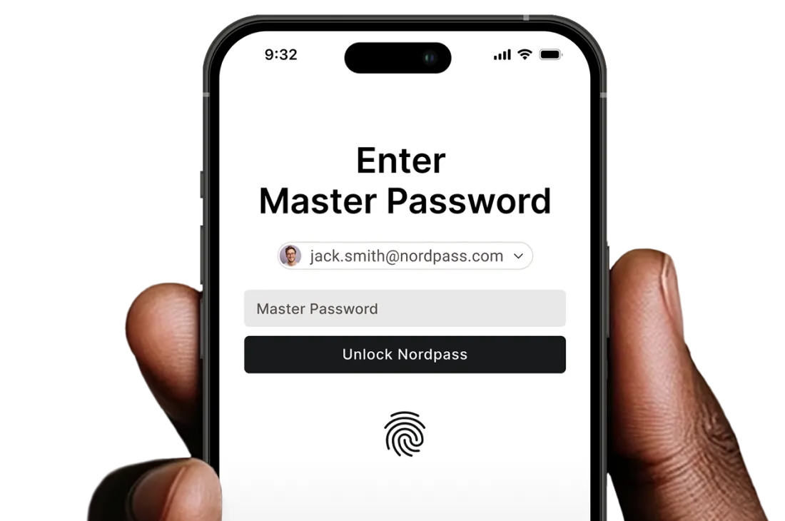 Hand holding phone displaying Nordpass login screen with "Enter Master Password" prompt and fingerprint unlock option.