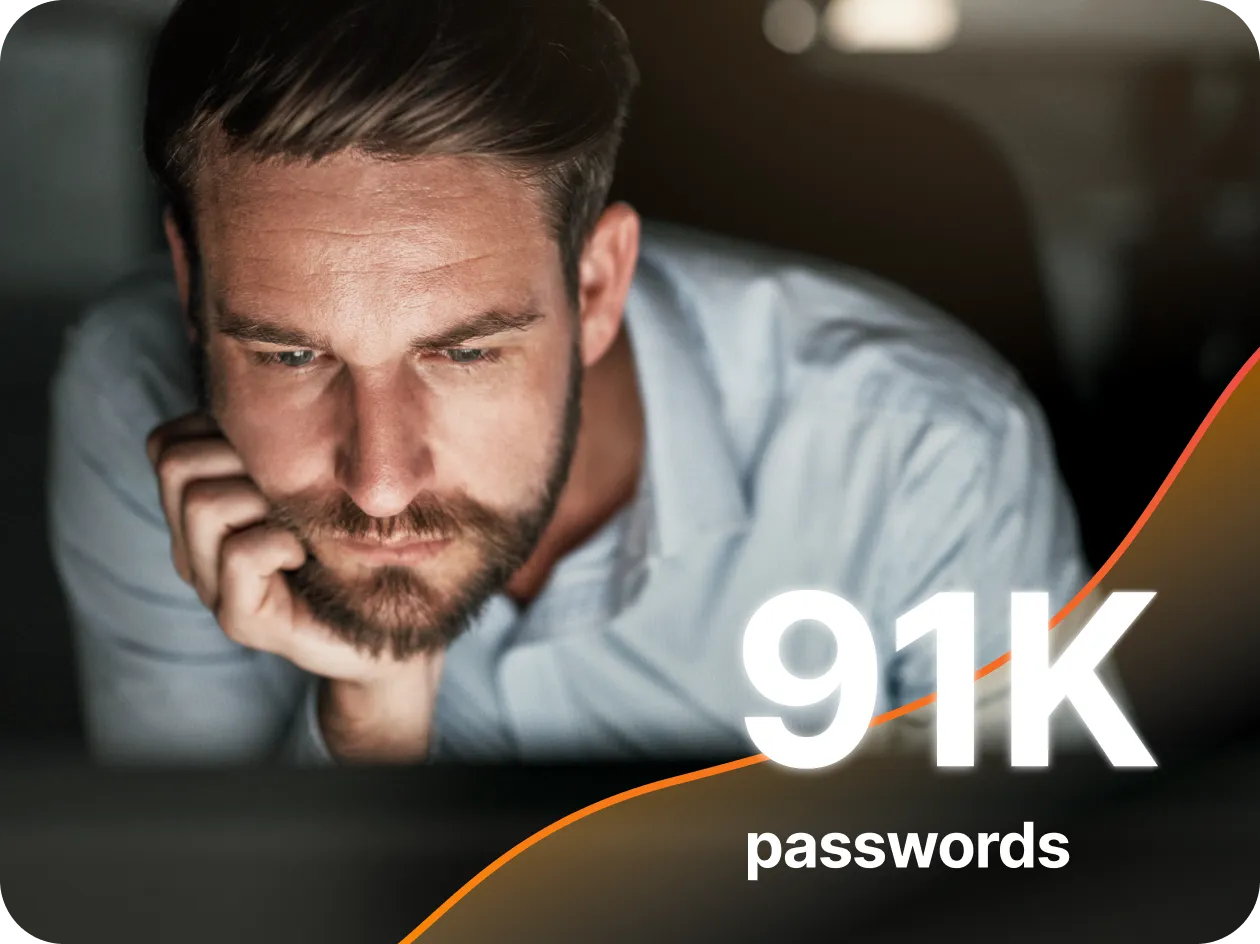 Man looking at a computer screen with "91K accounts" text overlay.