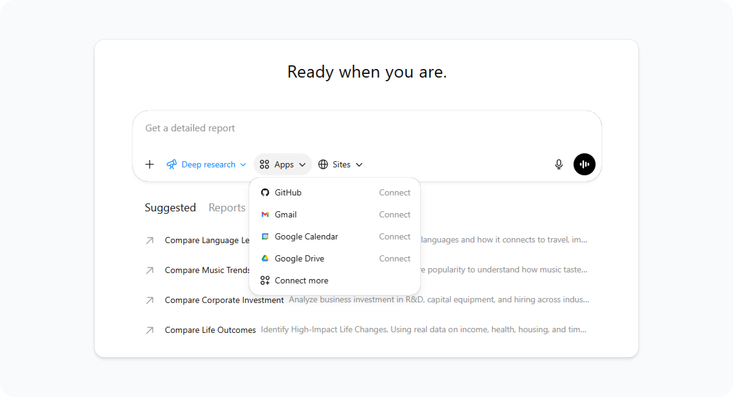 ChatGPT Plus Deep research source options - apps and sites