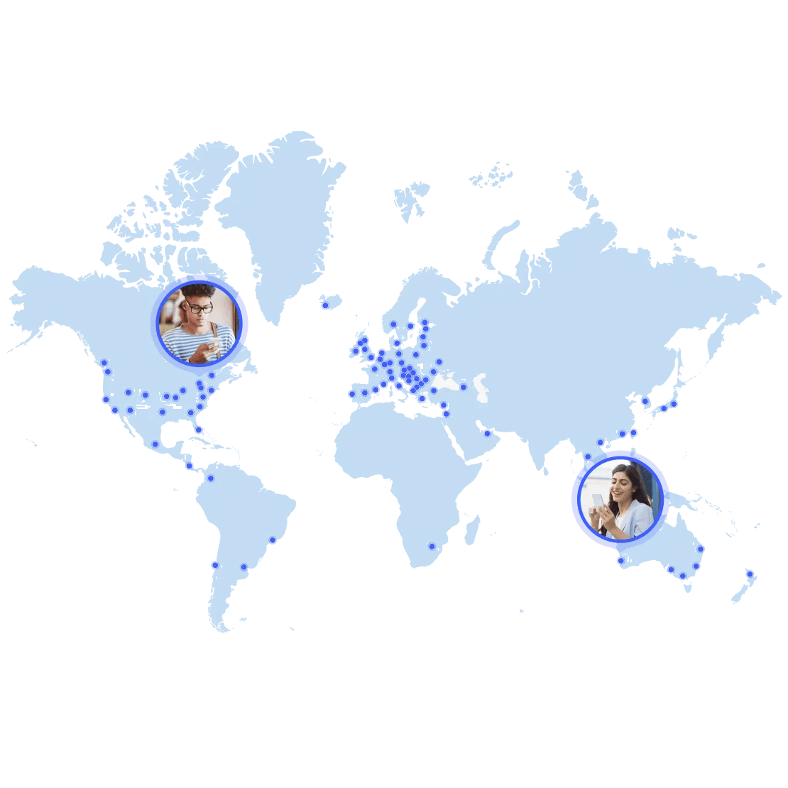 NordVPN world map on a green background with blue dots marking server locations, densest across Europe and North America, with two user photos placed over North America and Southeast Asia