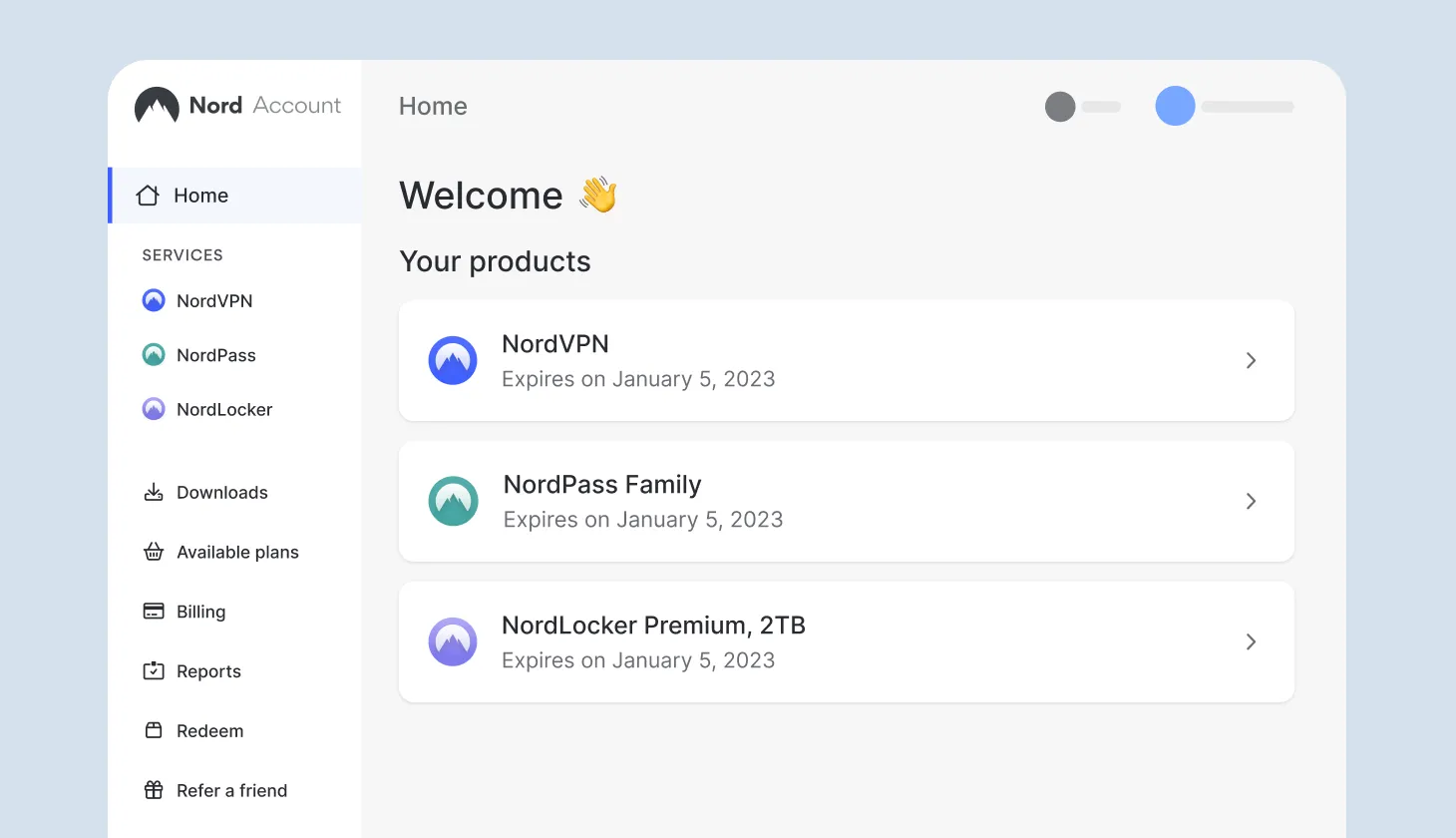 nordaccount dashboard welcome