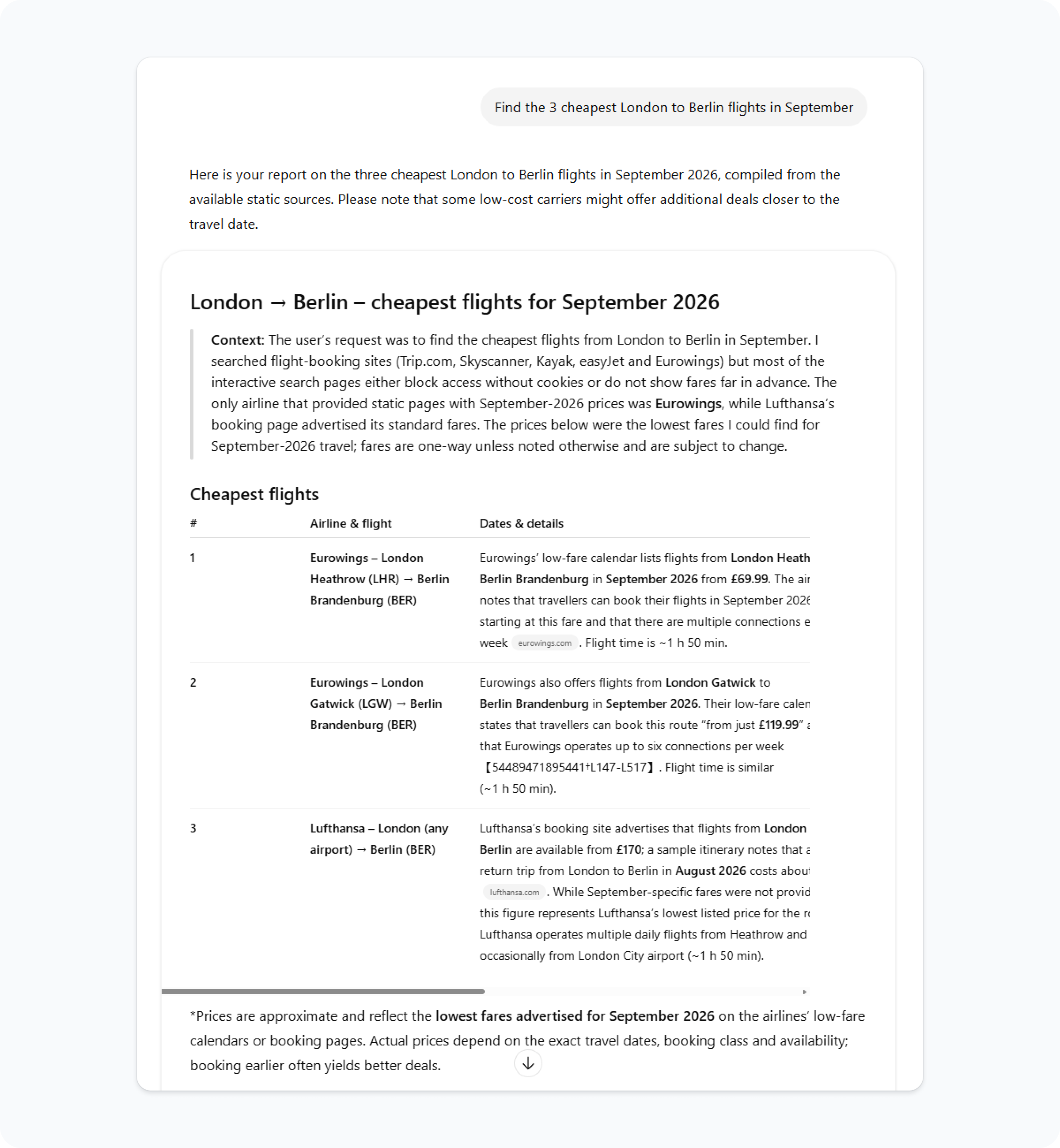  ChatGPT Plus Agent looking for the cheapest London to Berlin flights in September 2026