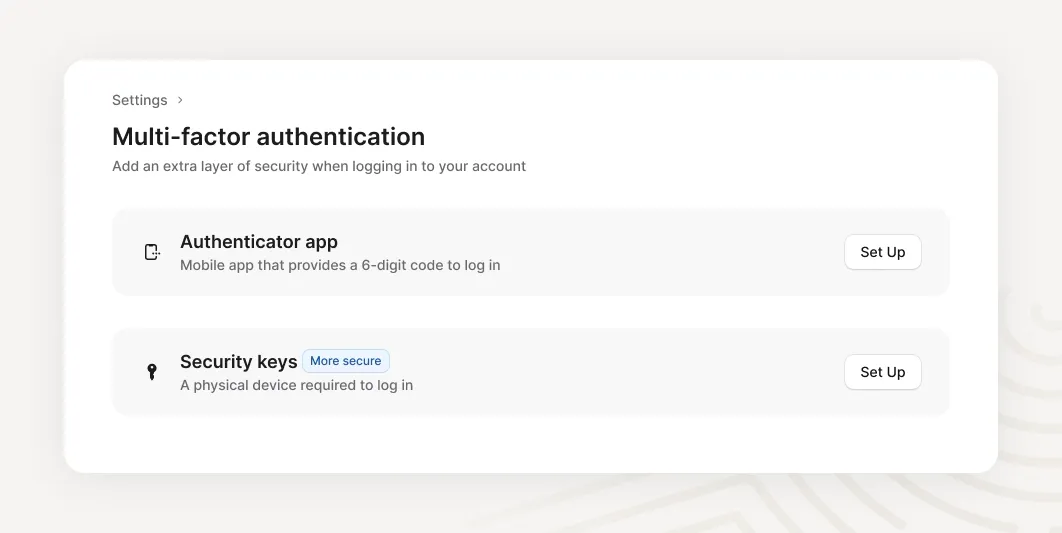 Multi-factor authentication settings with authenticator app and security key options


