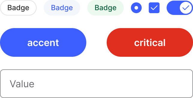 Aurora badges, radio, checkbox, toggle, accent and critical buttons and a text input