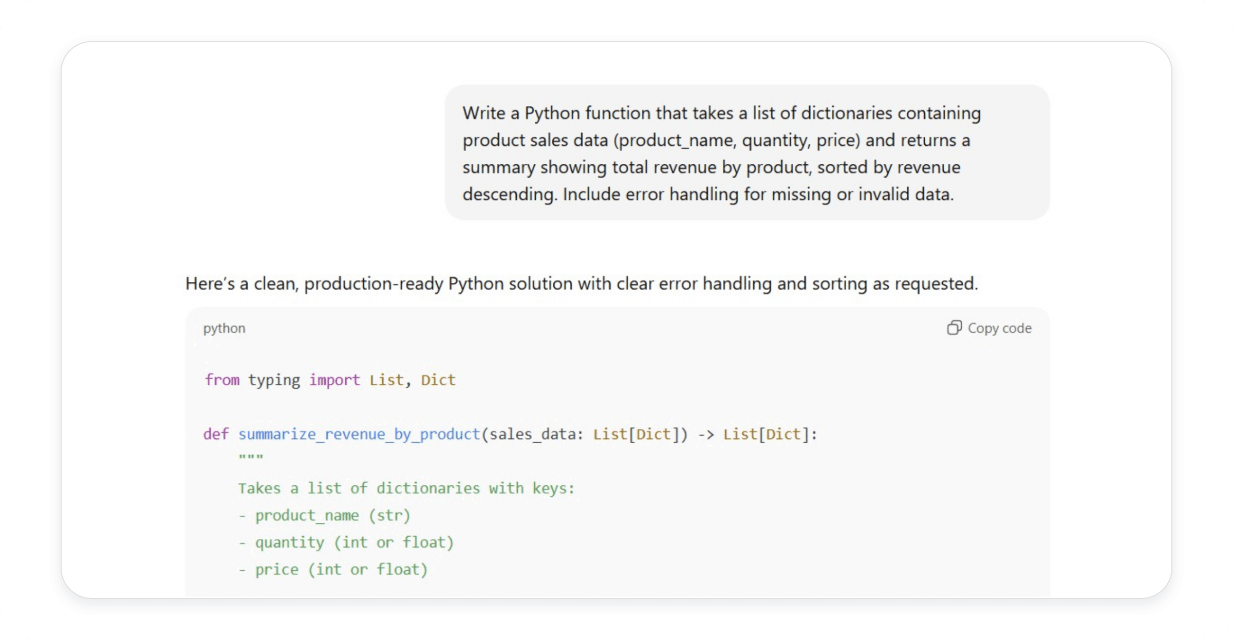 ChatGPT's response to the code-writing test prompt