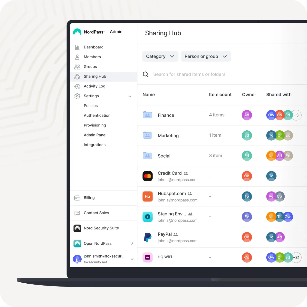 NordPass Sharing Hub on a laptop screen displaying shared items and folders