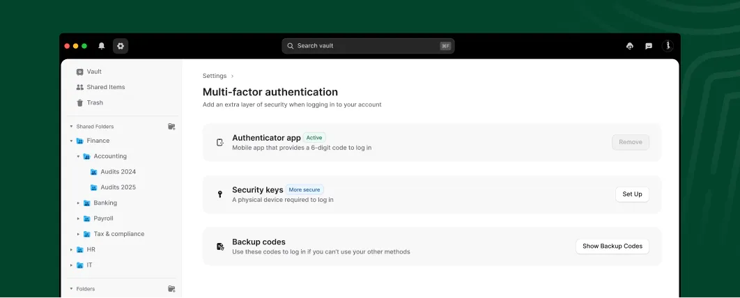 Multi-factor authentication settings interface with three security options