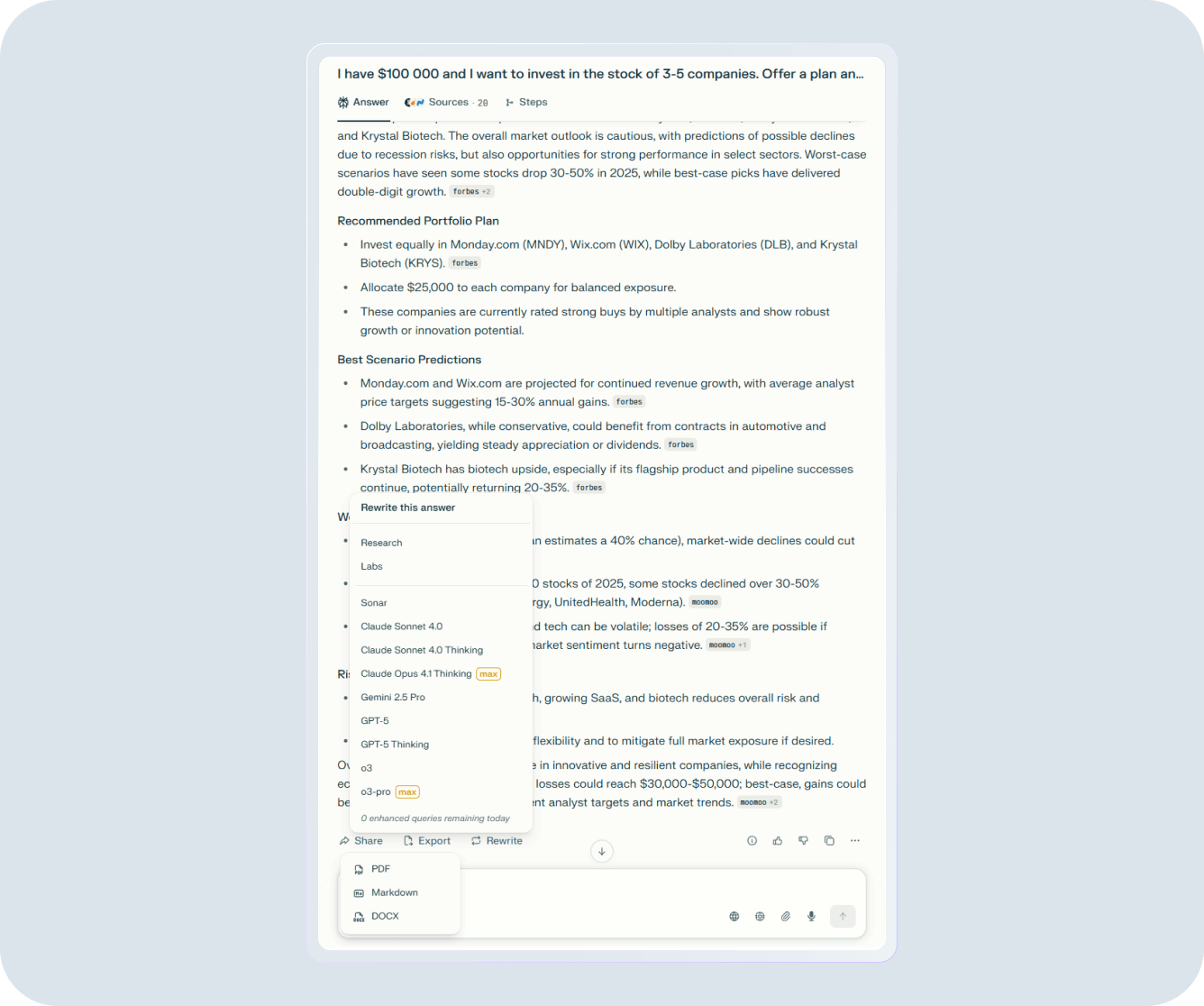 Perplexity Enterprise Pro Research on investing in stocks