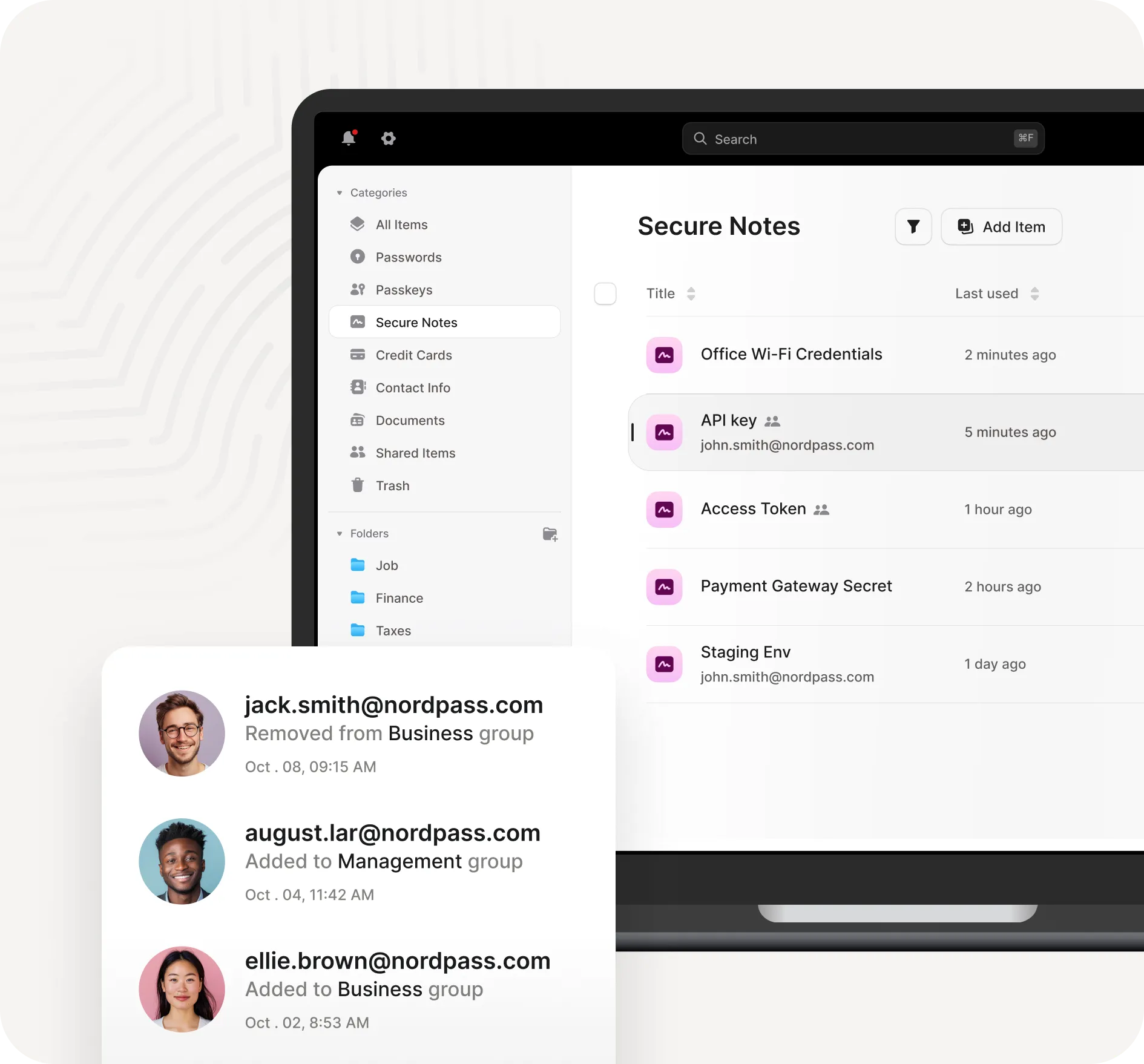 Secure access management dashboard showing credential control and activity monitoring