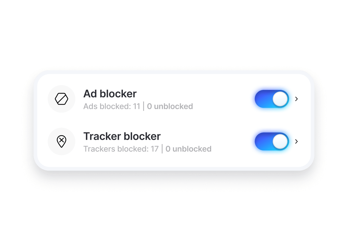 NordVPN illustration of two toggles switched on: Ad blocker, ads blocked 11, and Tracker blocker, trackers blocked 17