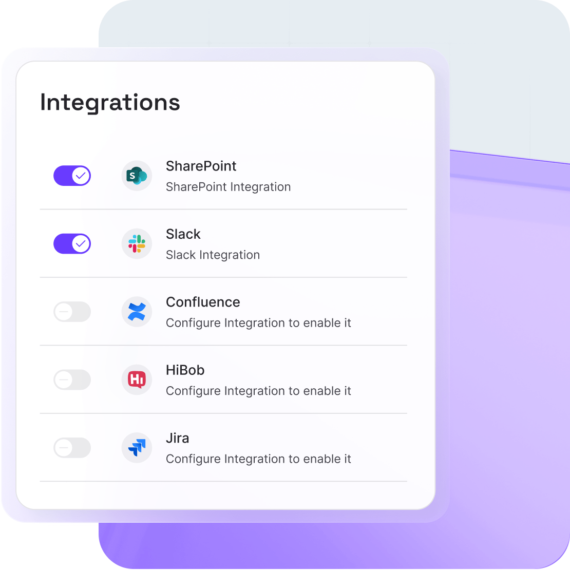 Integrations with work tools like SharePoint, Slack, and Confluence, inside AI Agents.