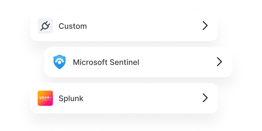 Options for Custom, Microsoft Sentinel, and Splunk integration displayed in a menu