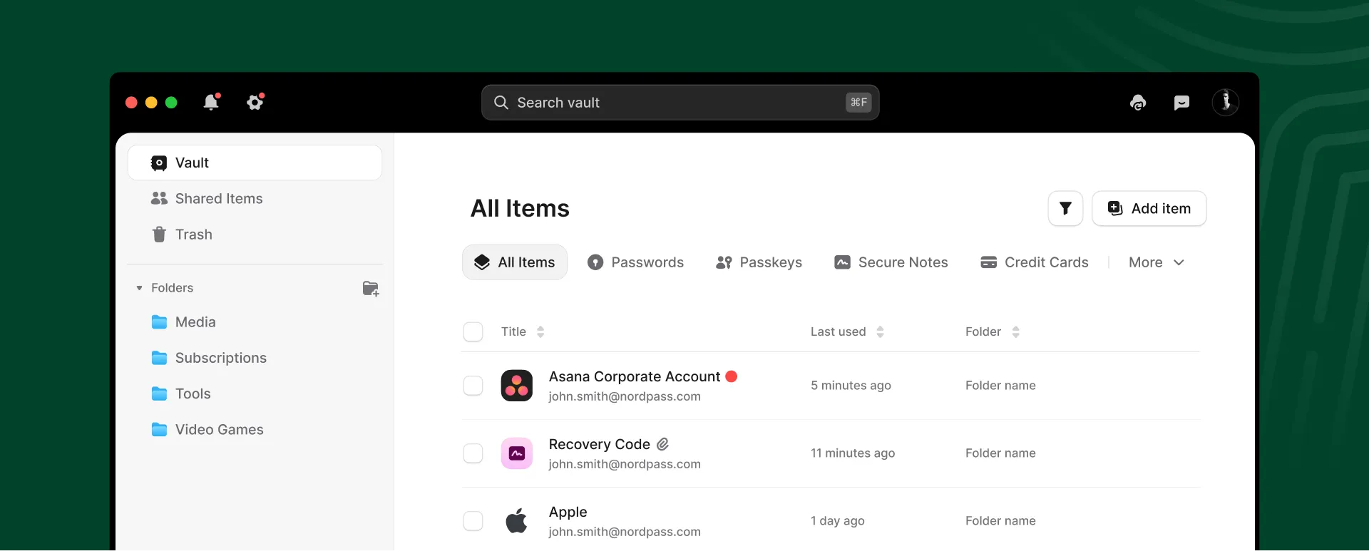NordPass vault interface showing password list with search bar, folders, and item management options