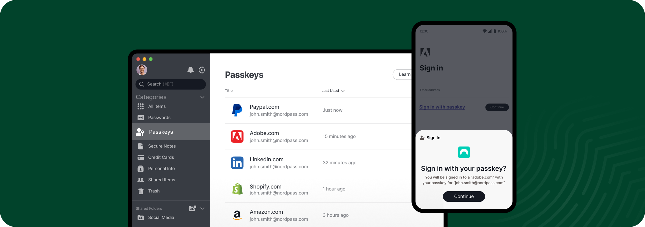 NordPass product image of the desktop vault with the Passkeys category open, listing passkeys for Paypal.com, Adobe.com, Linkedin.com, Shopify.com and Amazon.com with last-used times, beside a phone showing a Sign in with your passkey prompt
