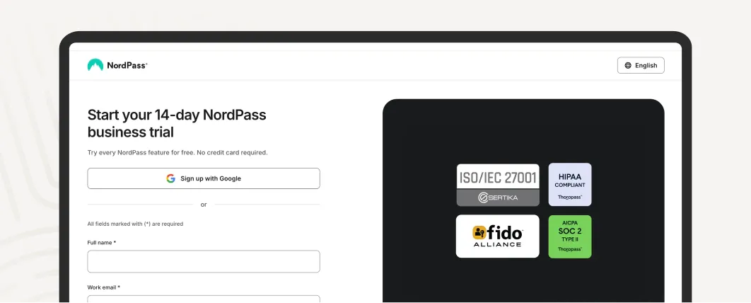 NordPass 14-day business trial signup with security certifications