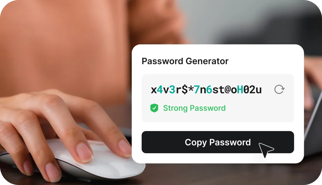 Person using a computer mouse next to a screen showing a strong password generated by a password generator tool.