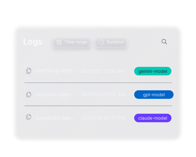 Request logs list showing model, timestamp and request id