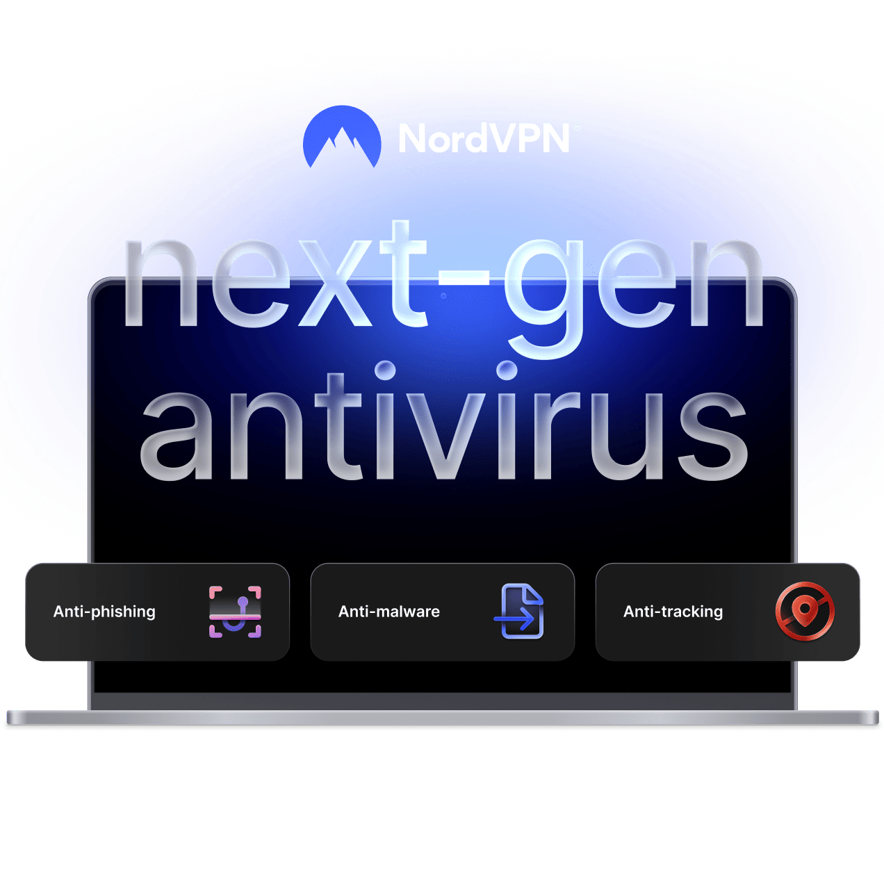NordVPN next-gen antivirus on a laptop with anti-phishing, anti-malware and anti-tracking cards