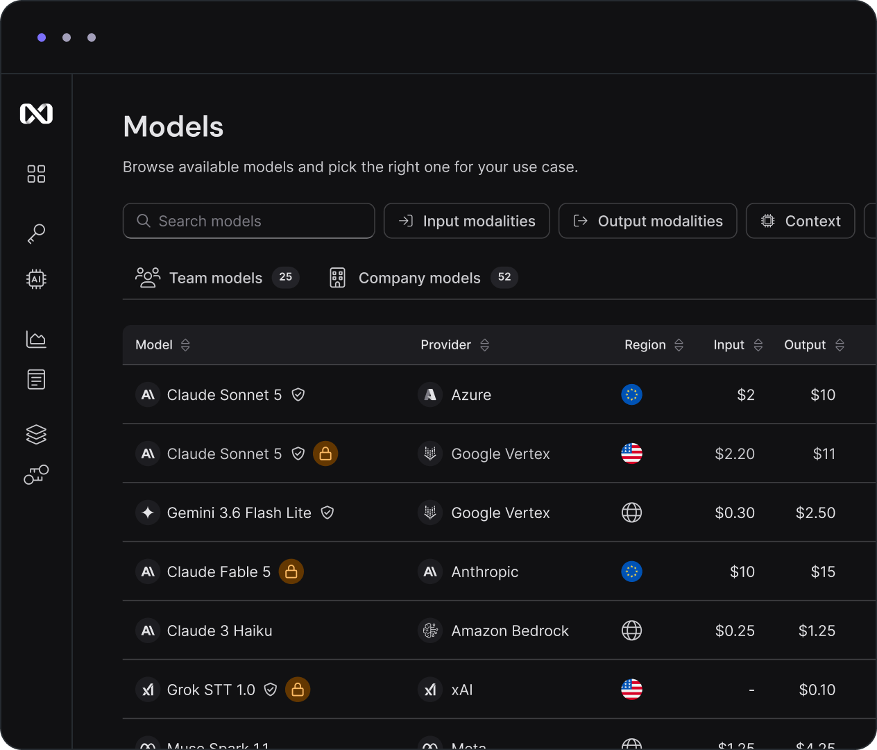 The nexos.ai model catalogue, listing available models with their provider, region and per-token price