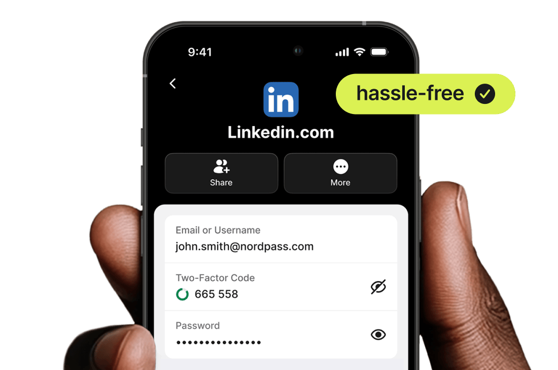 NordPass marketing image of a phone showing a Linkedin.com vault item with email or username, a two-factor code 665 558 and a hidden password