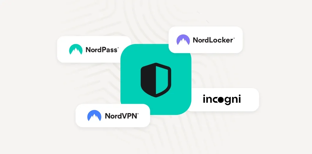 A central, larger shield or lock icon, with smaller icons for NordVPN, NordPass, NordLocker, and Incogni orbiting or nested within it.
