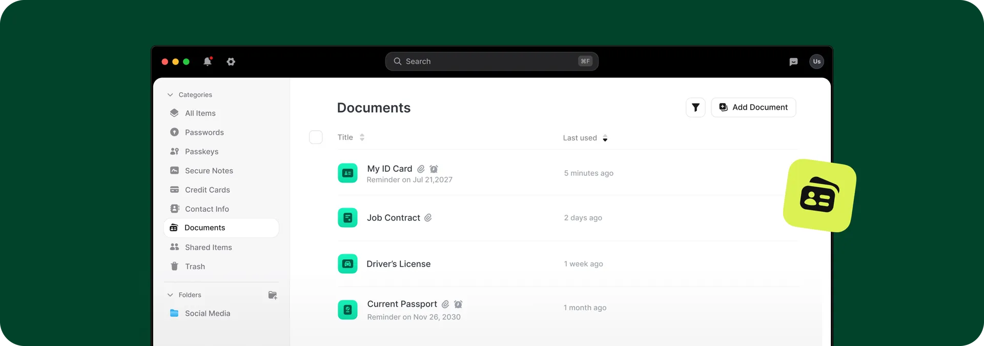 NordPass centralized document storage showing personal identification items in one secure location