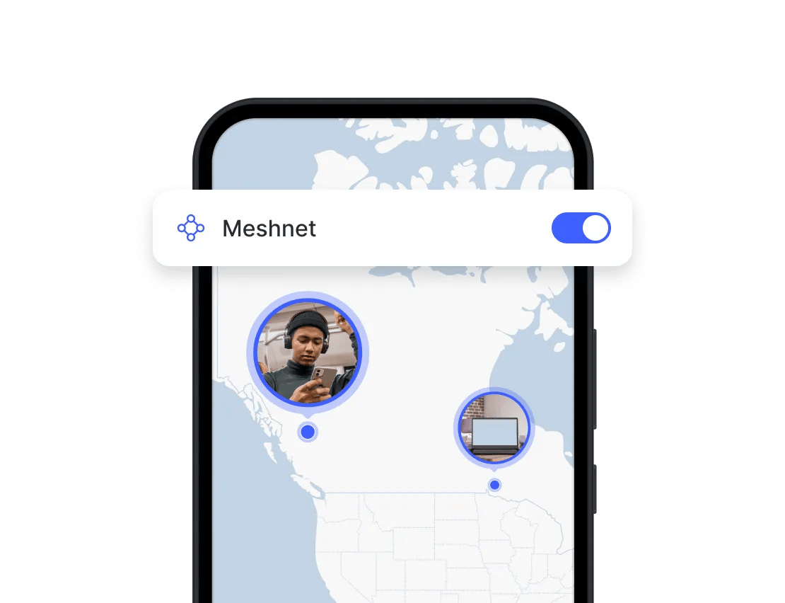 NordVPN illustration of a phone showing a Meshnet toggle switched on above a map of North America with two linked devices: a person's photo and a laptop