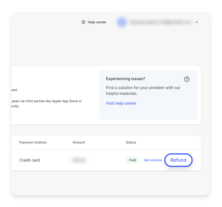 Nord Account billing history row showing a credit card payment marked Paid, with Get invoice and a circled Refund button, and a side panel titled Experiencing issues with a Visit help center link