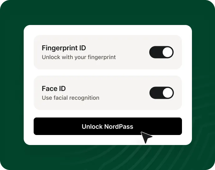 NordPass biometric unlock screen with Fingerprint ID and Face ID toggles