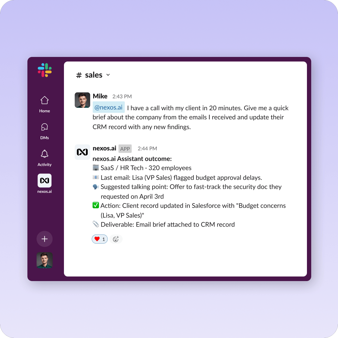 Sales team Slack assistant outcome