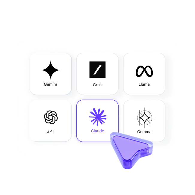 AI model picker with Gemini, Grok, Llama, GPT, Claude, and Gemma logos