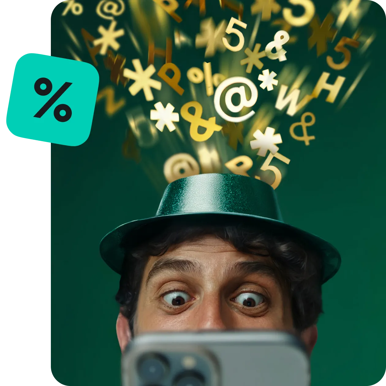 Person using laptop with floating discount symbol overhead