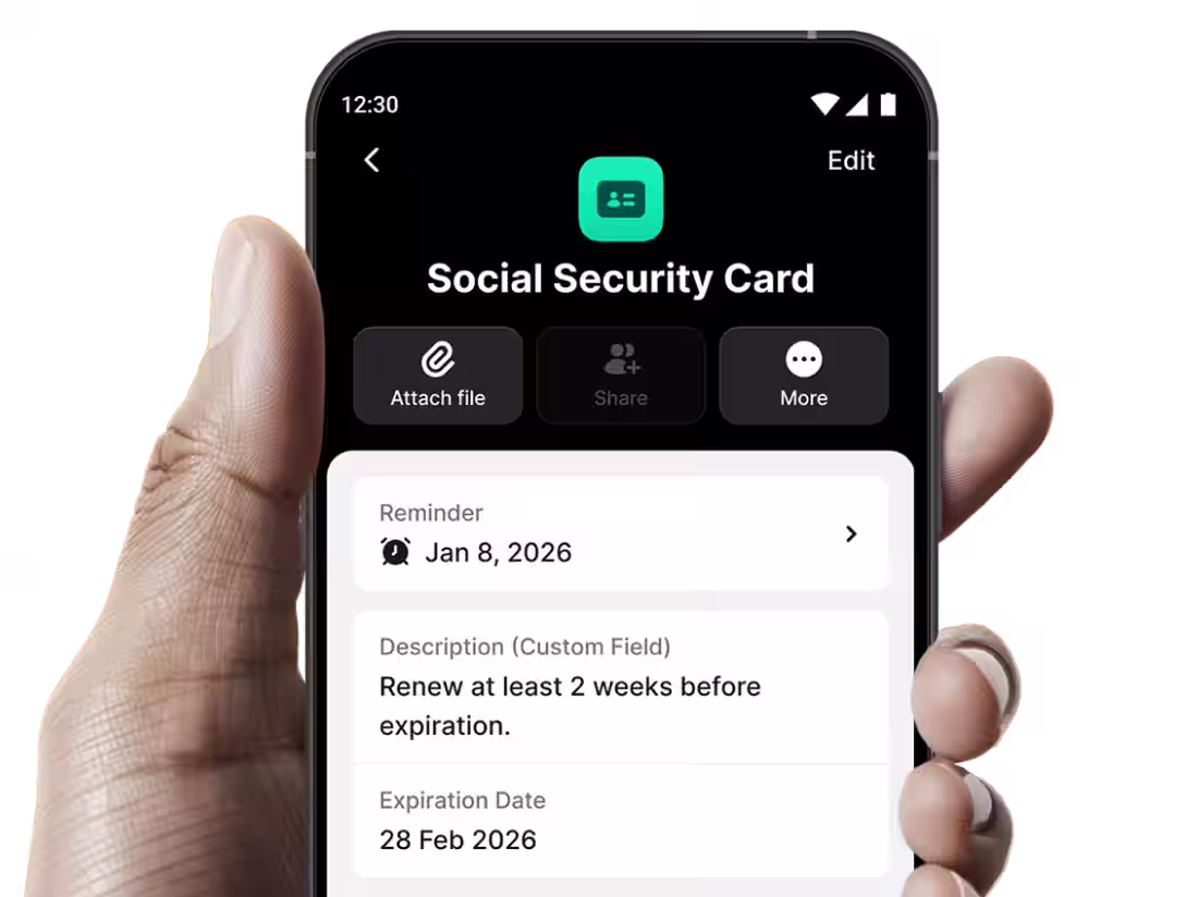 Personalize any stored document with custom fields and automatic renewal reminders