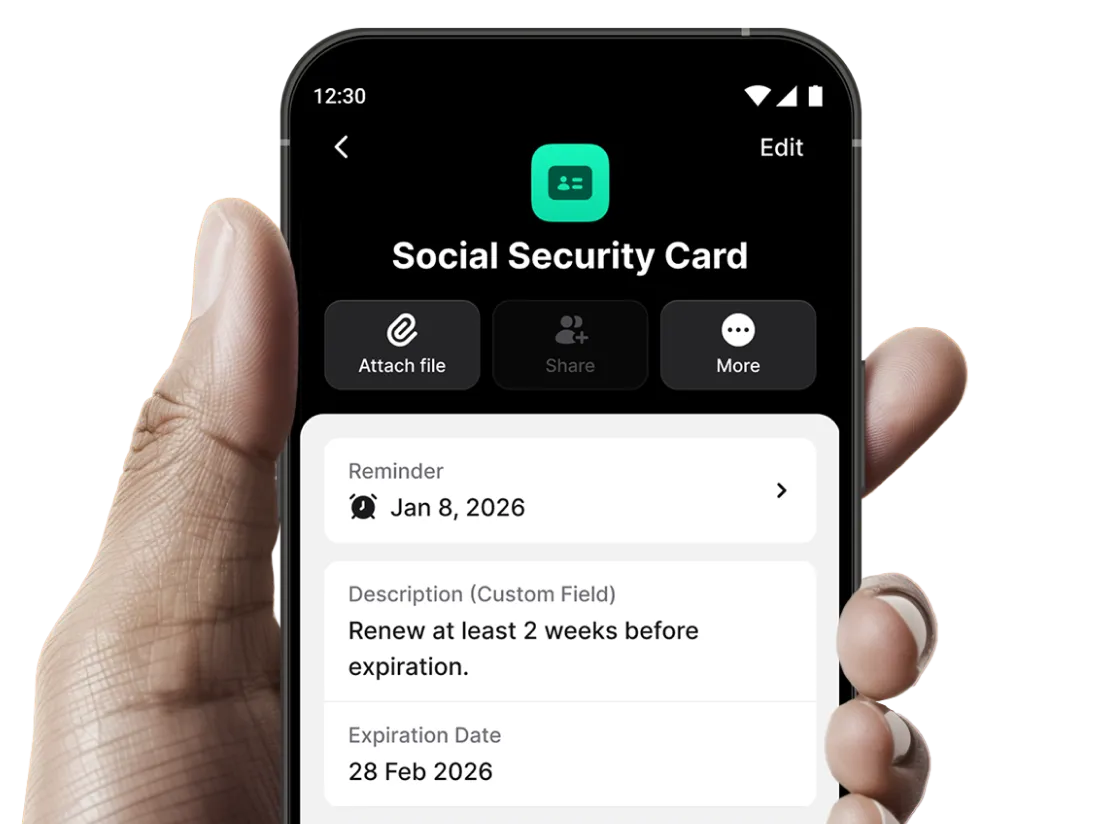 Personalize any stored document with custom fields and automatic renewal reminders