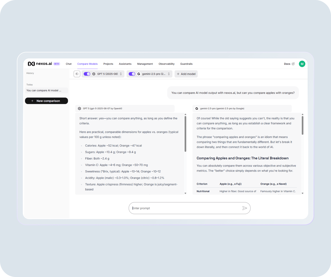 nexos.ai Workspace AI model output comparison