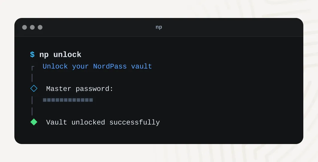 NordPass CLI terminal showing successful vault unlock with master password