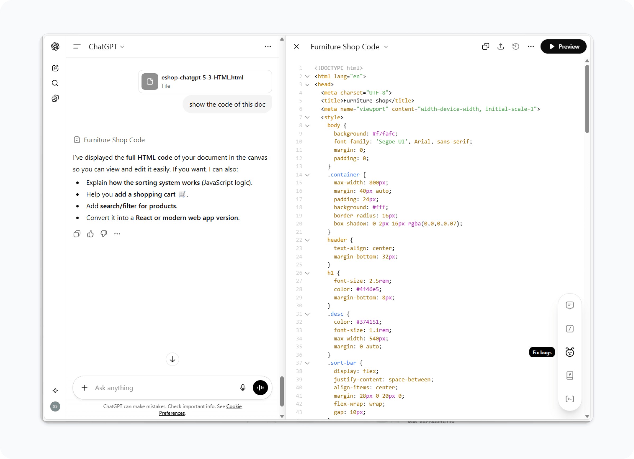 ChatGPT HTML file opened in Canvas mode