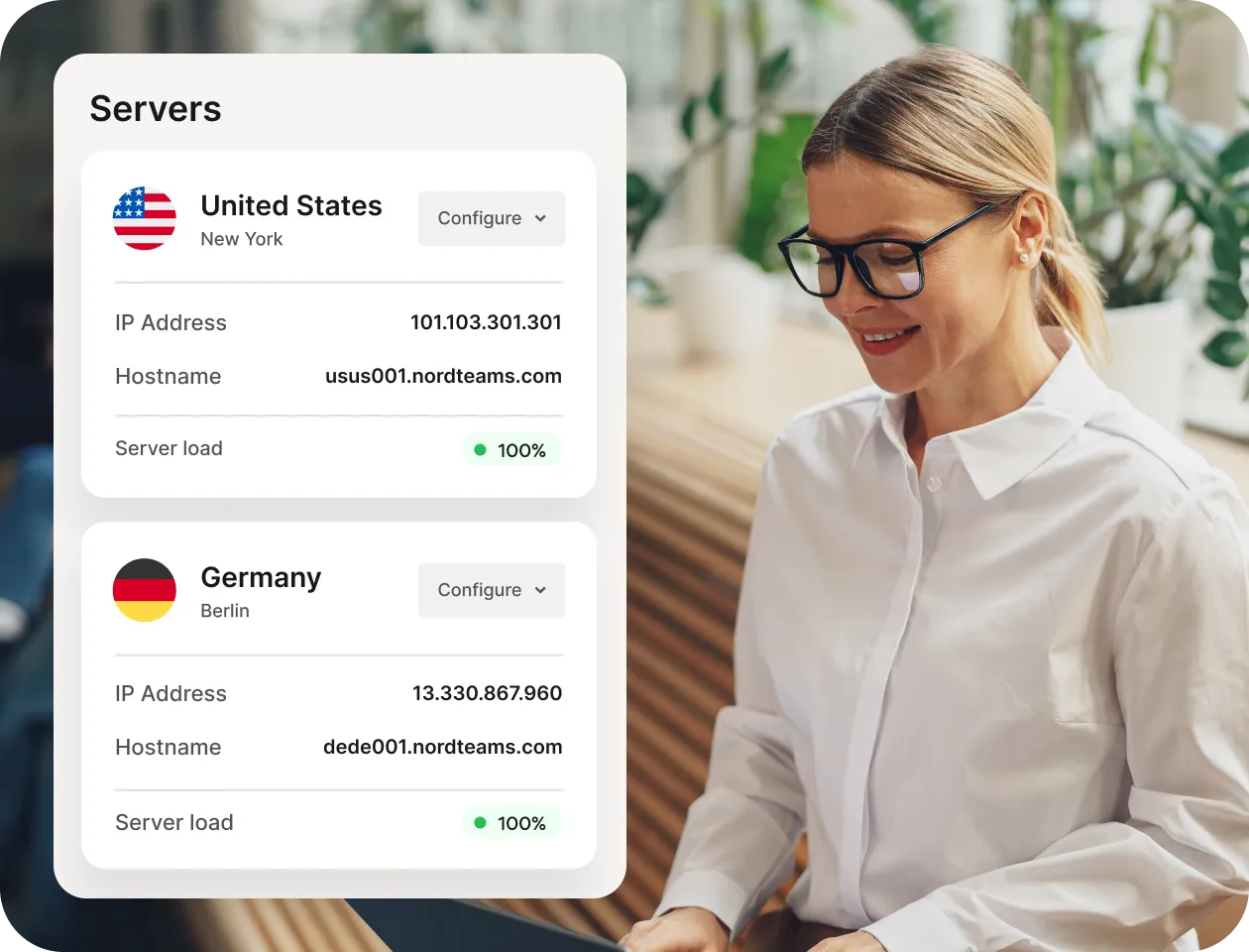 Woman configuring NordLayer servers: locations, IPs, hostnames, load.