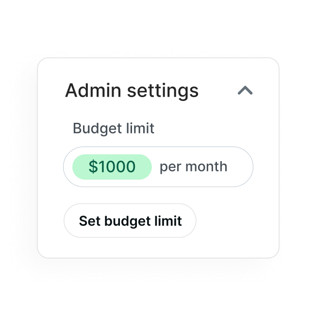 Admin settings panel with a $1000 per month budget limit