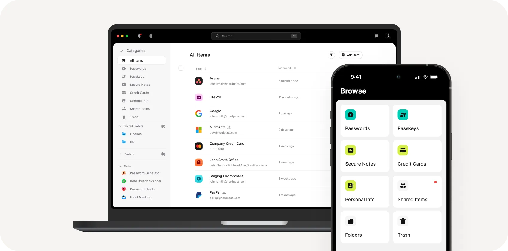 Interface de l’application de gestion des mots de passe NordPass affichant les éléments et les catégories du coffre-fort