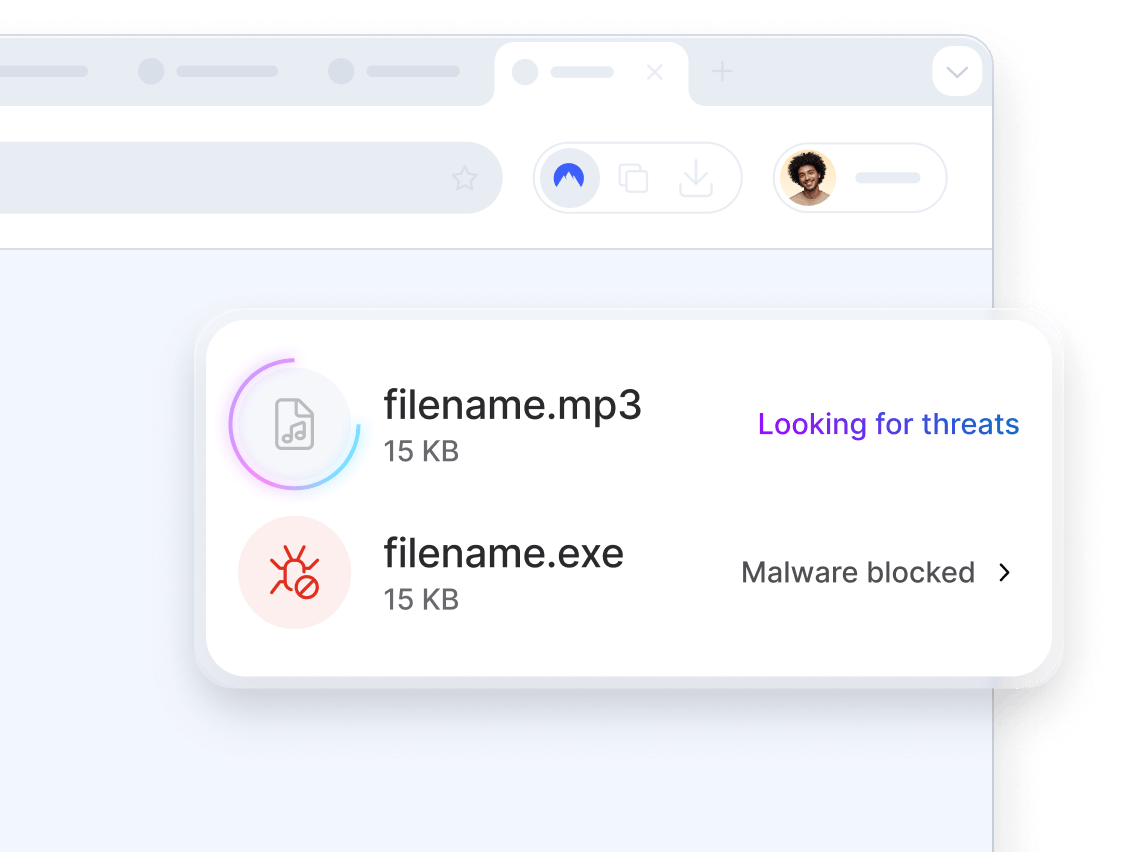 NordVPN illustration of a browser download panel listing filename.mp3, 15 KB, marked Looking for threats, and filename.exe, 15 KB, marked Malware blocked