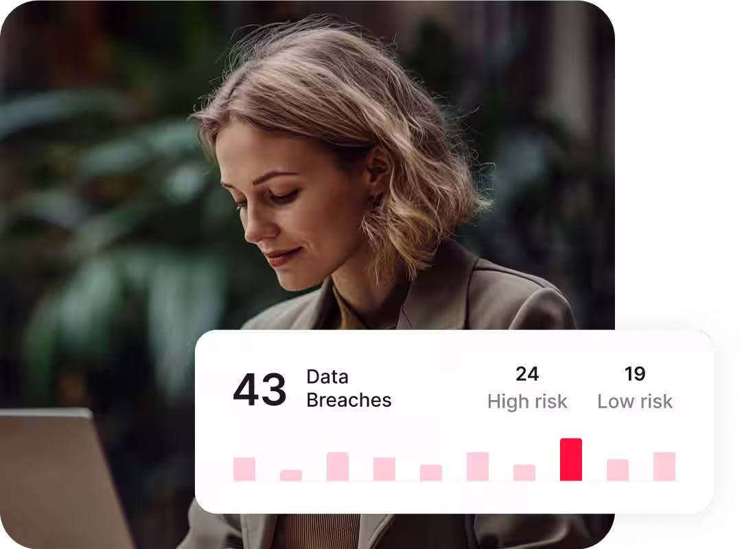 data breach dashboard fragment with women using computer in the background