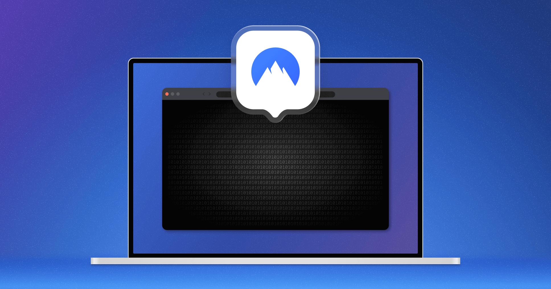 NordVPN illustration for the Cure53 app and infrastructure audit: a laptop with a dark screen and a NordVPN logo badge on a purple and blue background