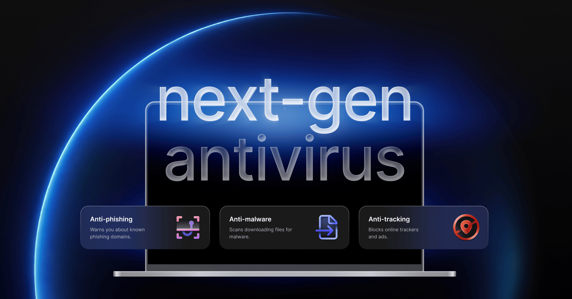 NordVPN announcement image with the words next-gen antivirus over a laptop on a dark background, and three cards below labelled Anti-phishing, Anti-malware and Anti-tracking