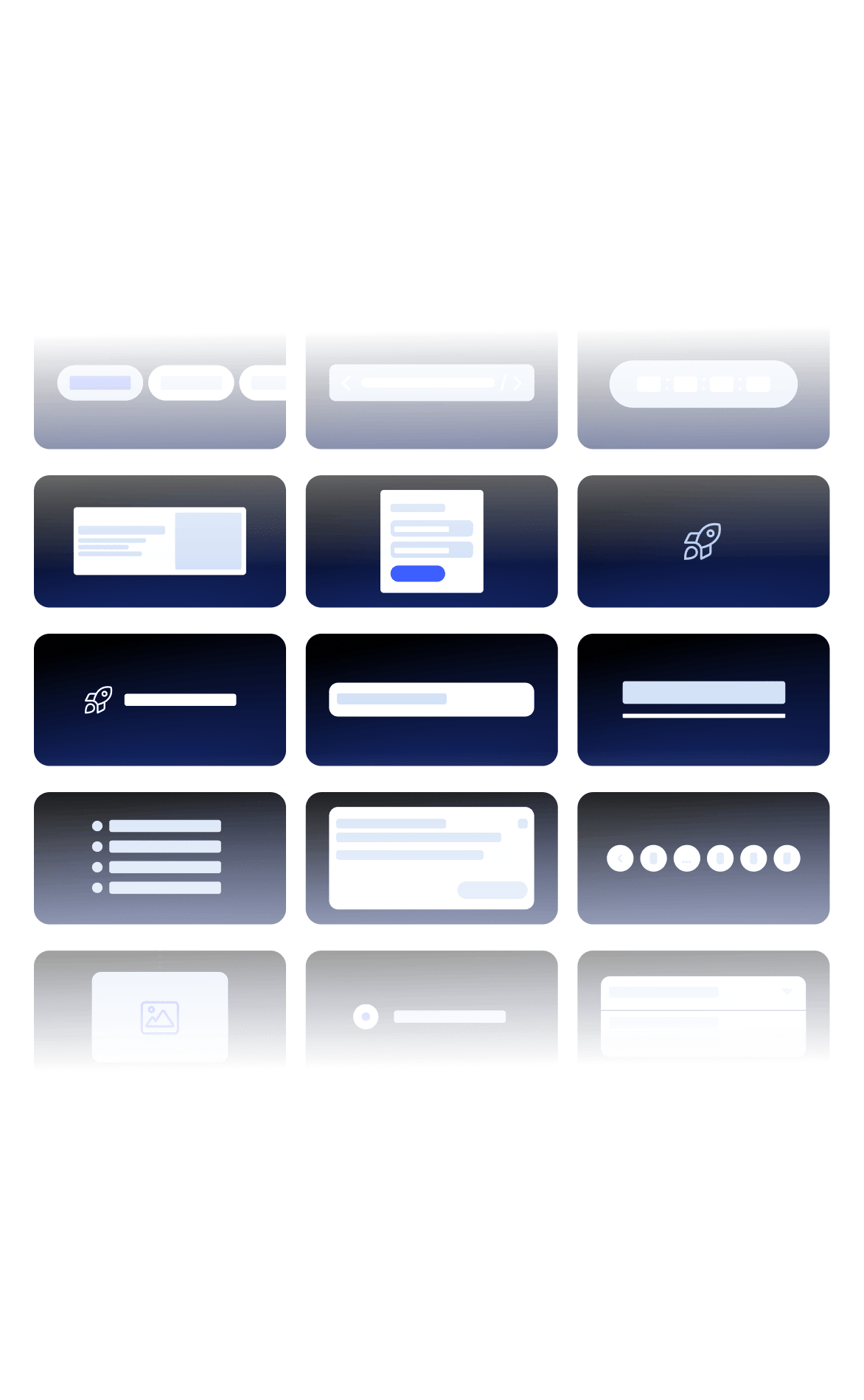Grid of Aurora component thumbnails: buttons, tooltip, cards, inputs, tabs, pagination and more