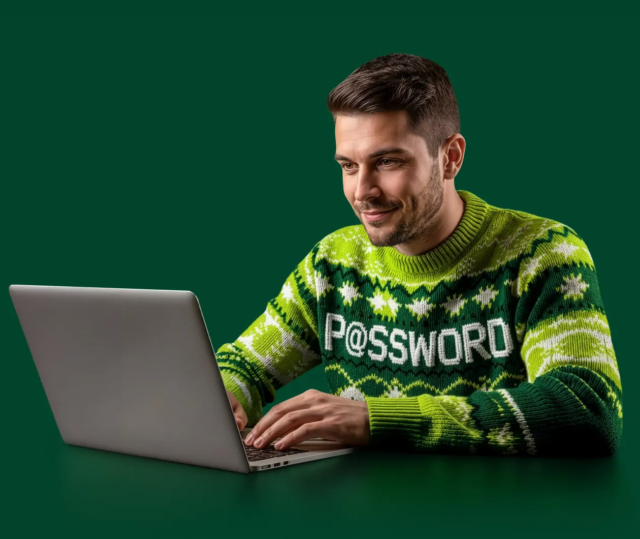 Persona utilizando un ordenador portátil con un símbolo de descuento flotando sobre la cabeza