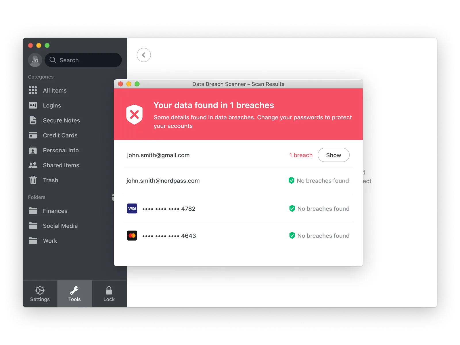 data breach scanner results displayed interface