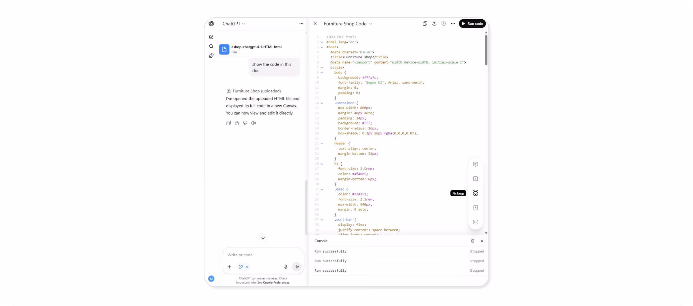ChatGPT HTML file opened in Canvas mode